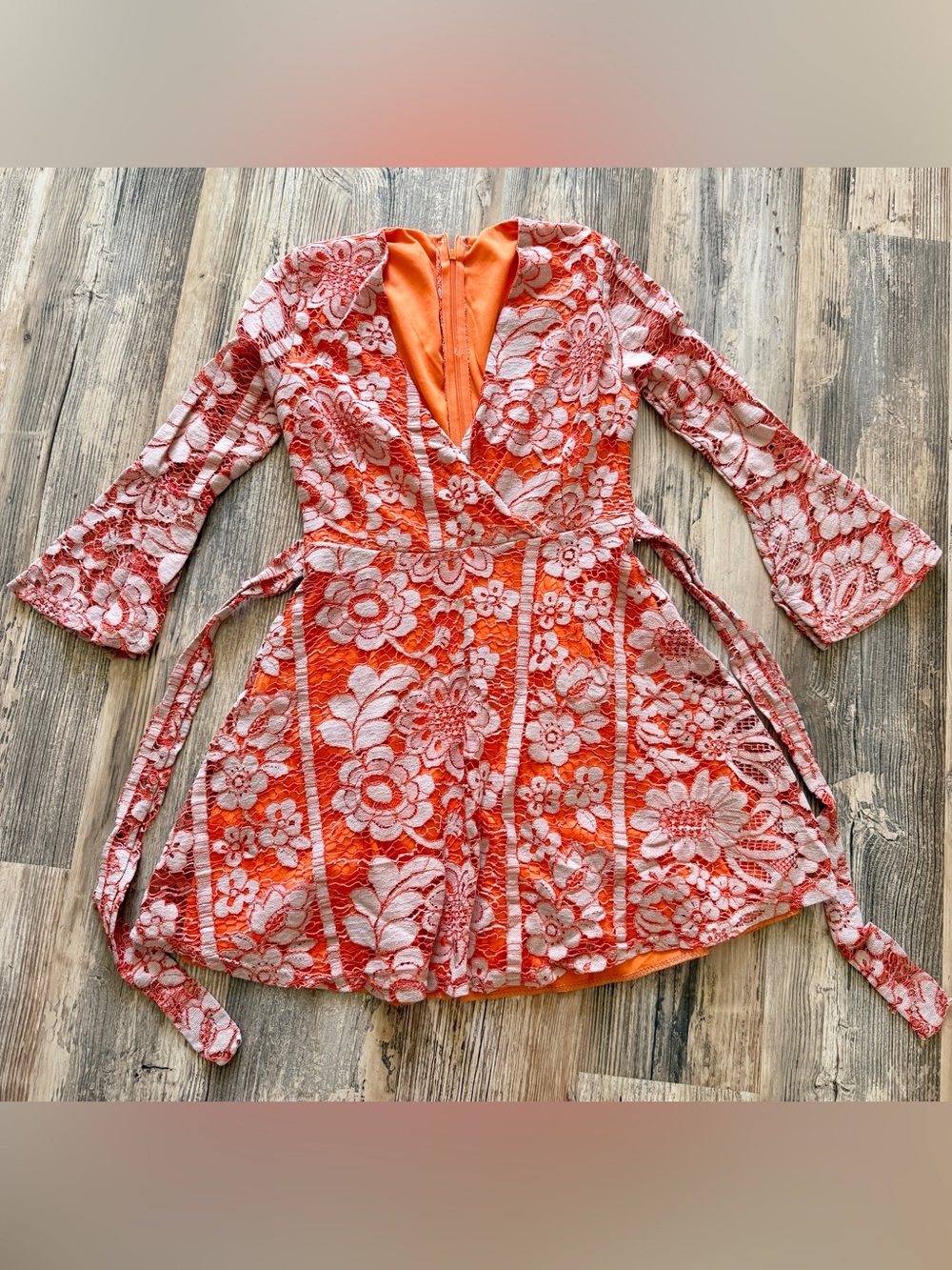 Orange Lace Floral Wrap Dress